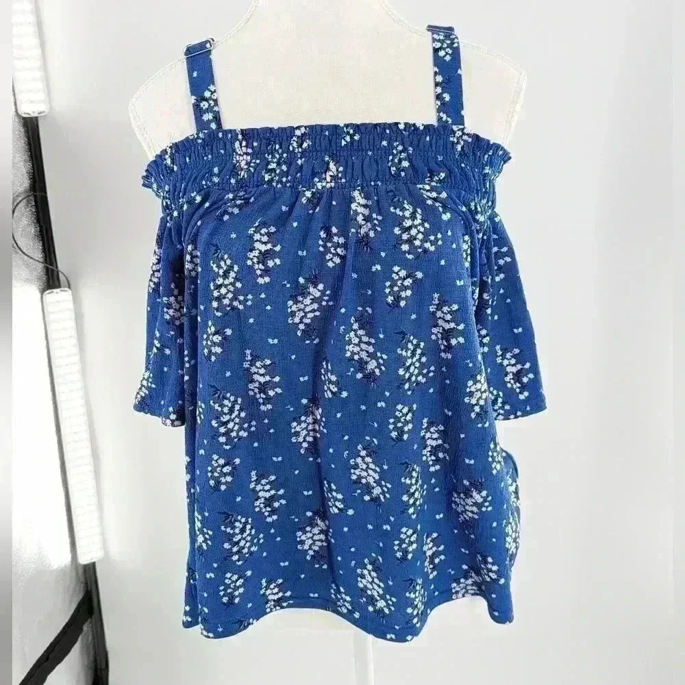 Melloday medium blue floral short Open sleeve blouse With Adjustable Straps